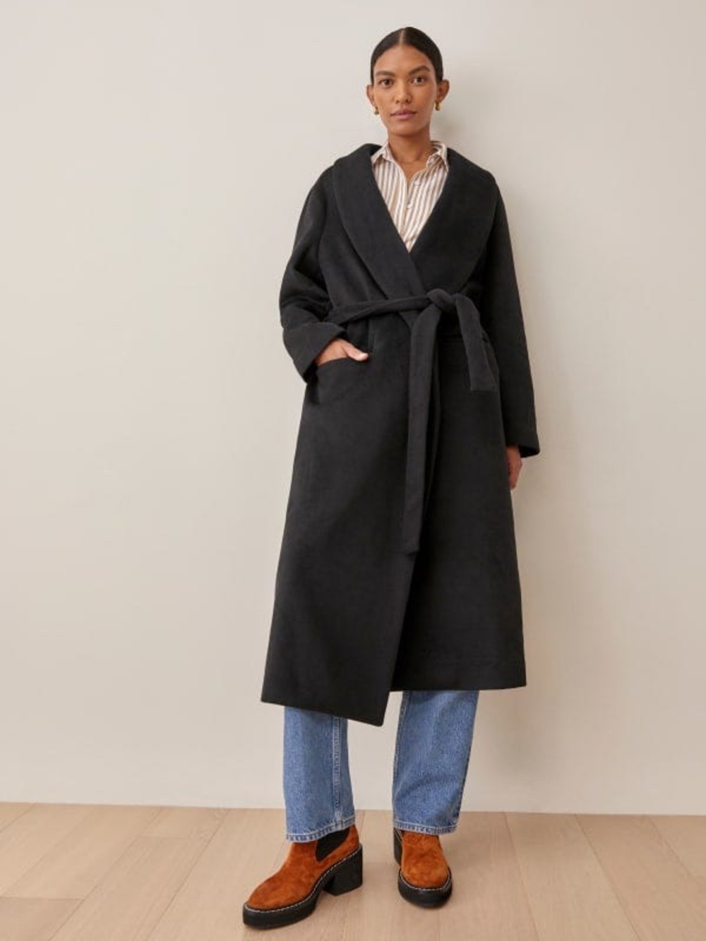 Reformation Greenwich Black Wrap Belted Pea Coat